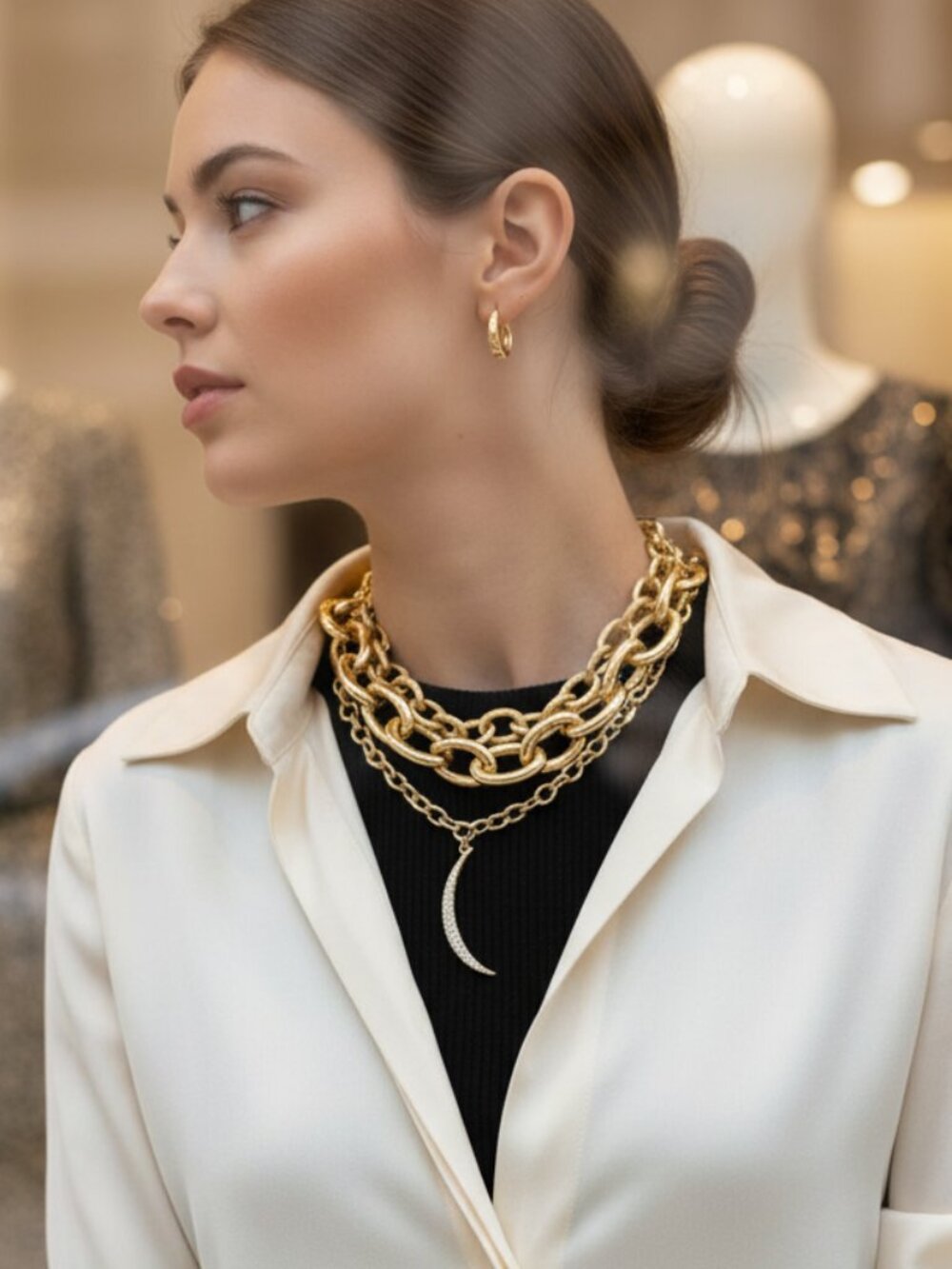 NEW Gold Layered Crescent Moon Statement Necklace | WN58